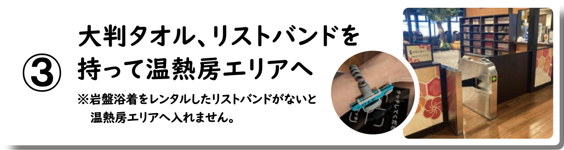 ③大判タオル、リストバンドを持って温熱房エリアへ