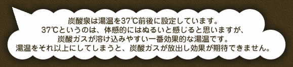 炭酸泉は湯温を37℃前後に設定しています。37℃というのは、体感的にはぬるいと感じると思いますが、炭酸ガスが溶け込みやすい一番効果的な湯温です。湯温をそれ以上にしてしまうと、炭酸ガスが放出し効果が期待できません。